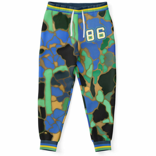 Joggers unisex de poliéster ecológico con mosaico Blue Iris 1986 