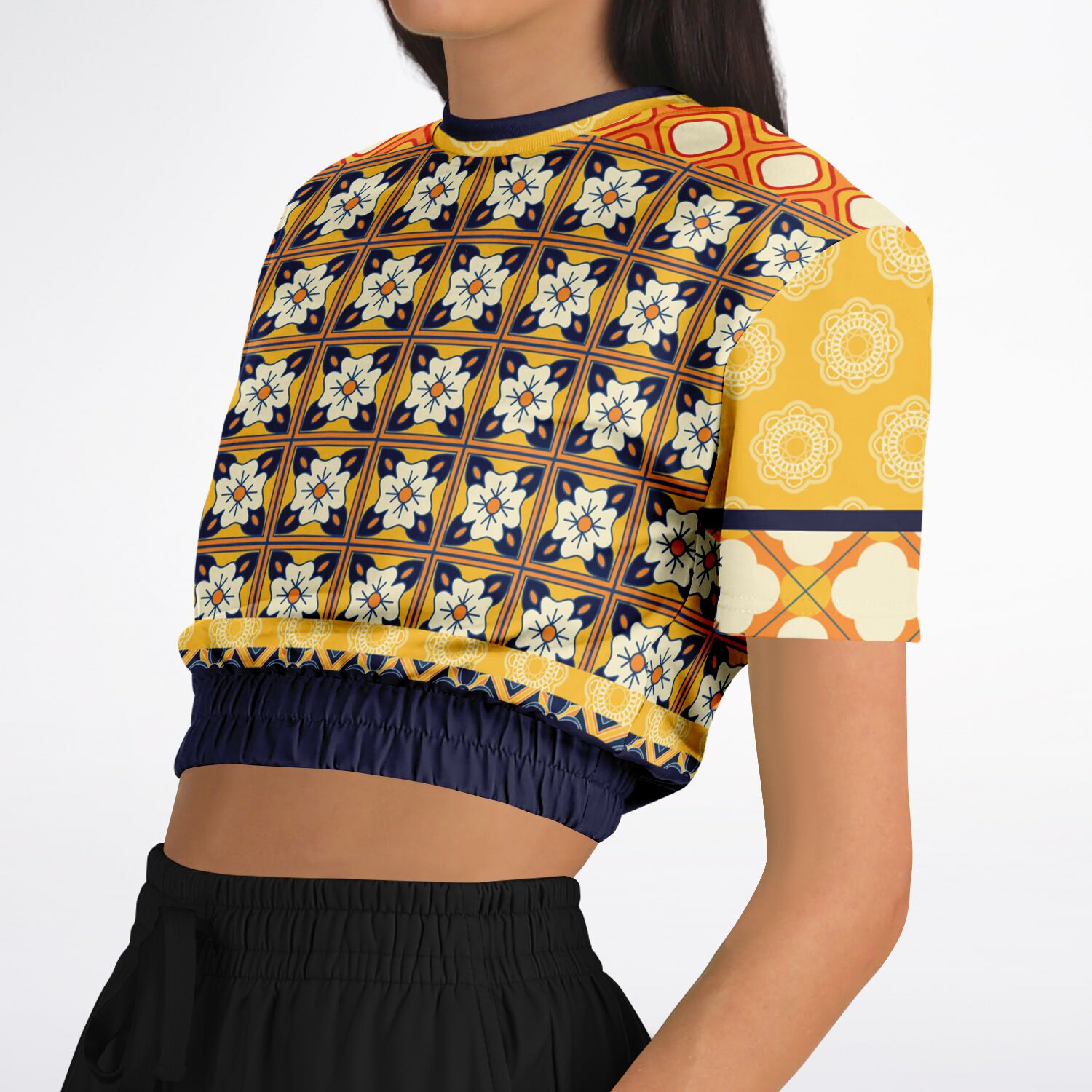 Gypsy Harvest Patchwork Eco-Poly Short Sleeve Cropped Sweater