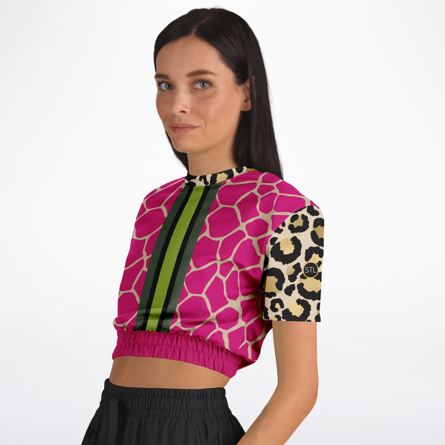 Cheetah Time 1863 Neon Stripe Eco-Poly Short Sleeve Cropped Sweater