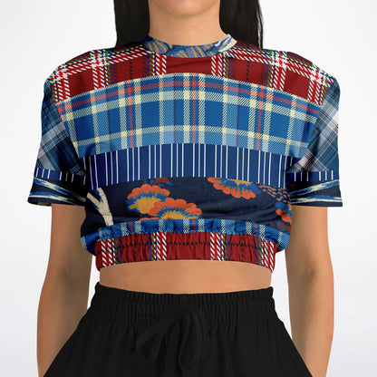 Andromeda Blue Plaid Eco-Poly Short Sleeve Cropped Sweater