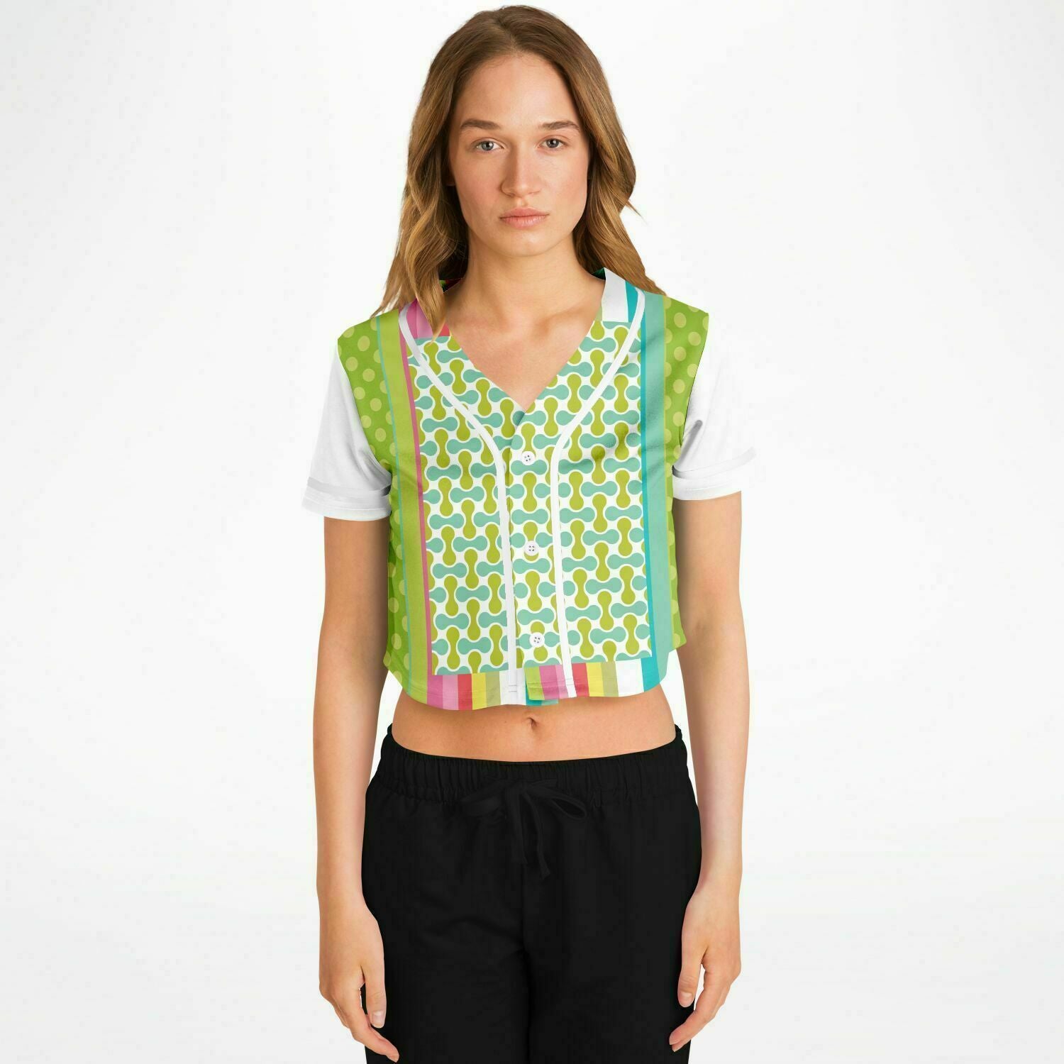 Green Anjou Pear Eco-Poly Cropped Button Front Jersey