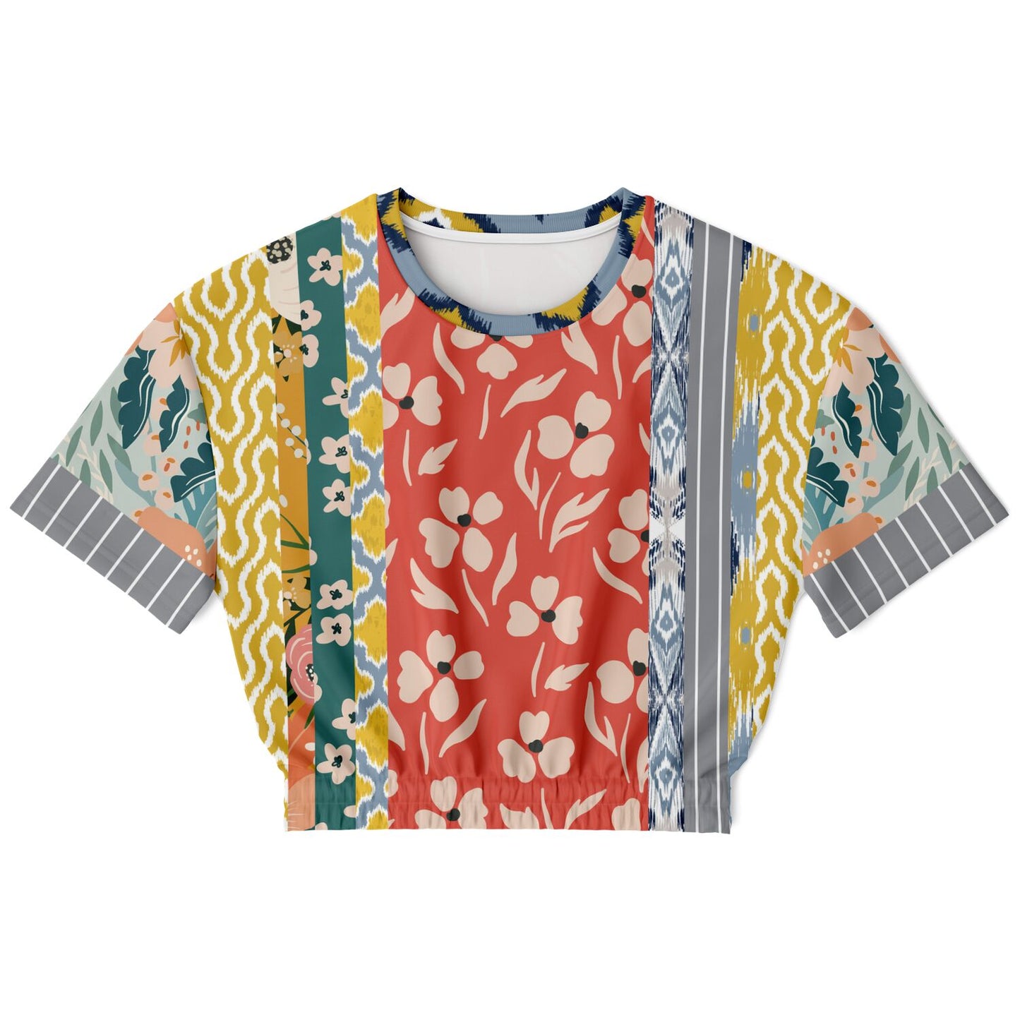 Tallulah Bankhead Yellow Patchwork Short Sleeve Cropped Sweater