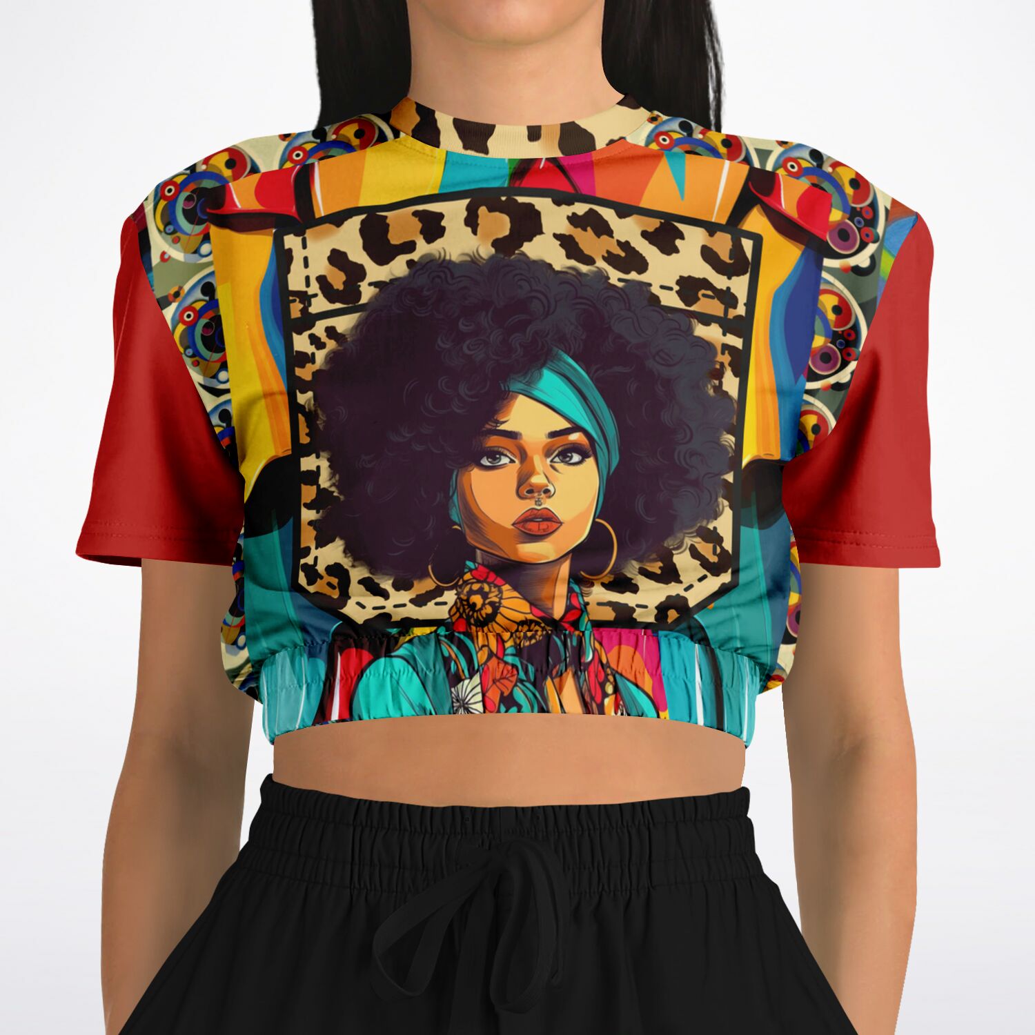 Afro-Queen Solace Cheetah Rainbow Geo Eco-Poly Short Sleeve Cropped Sweater