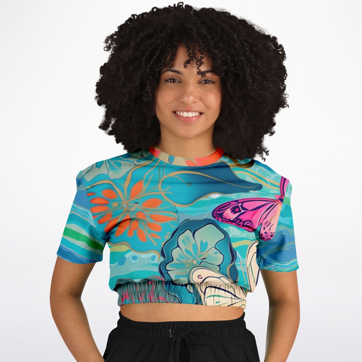 Bahamian Blue Waves Butterfly Eco-Poly Short Sleeve Cropped Sweatshirt