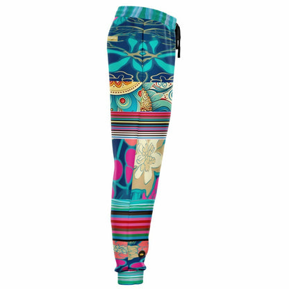 Joggers unisex de poliéster ecológico con rayas florales Cockatiel The Catamaran 