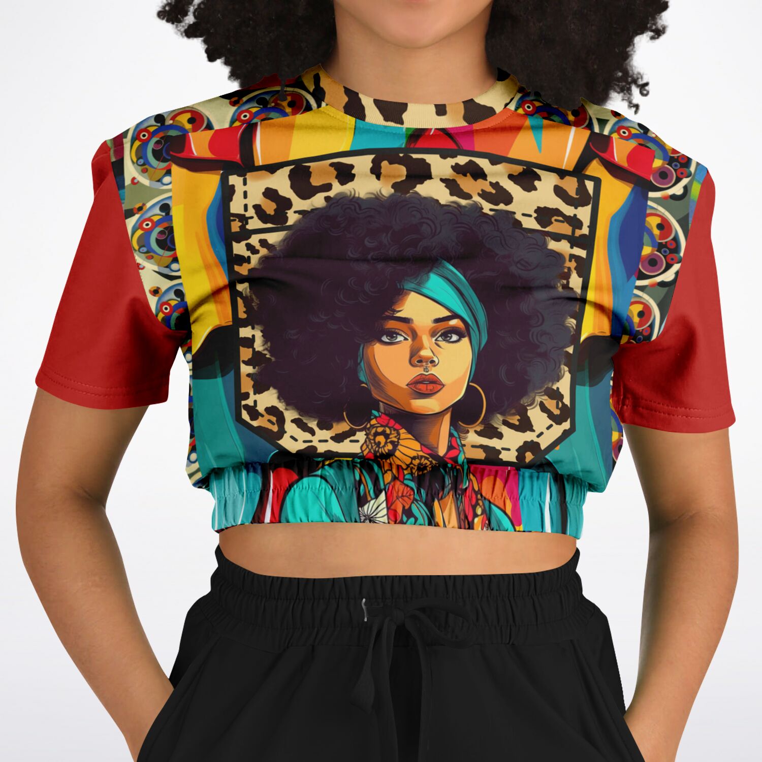 Afro-Queen Solace Cheetah Rainbow Geo Eco-Poly suéter corto de manga corta 