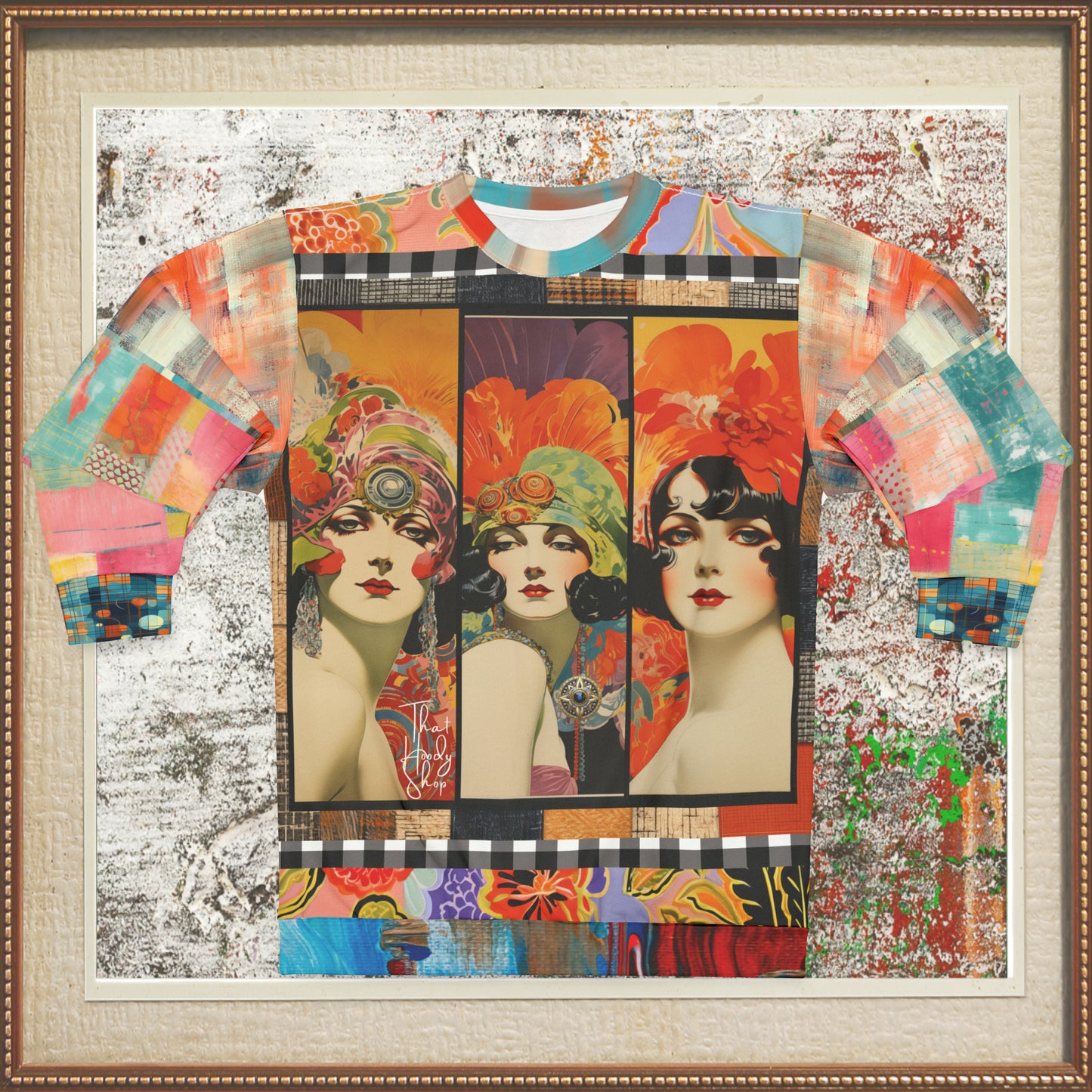 Flapper Girl in Triplicate Patchwork Print Unisex Sweatshirt