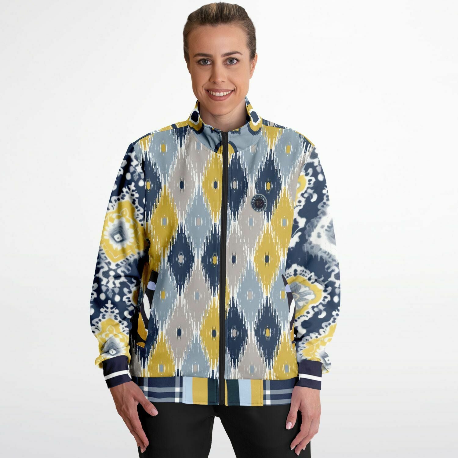 Chaqueta deportiva unisex de poliéster ecológico batik indio azul marino real y amarillo 