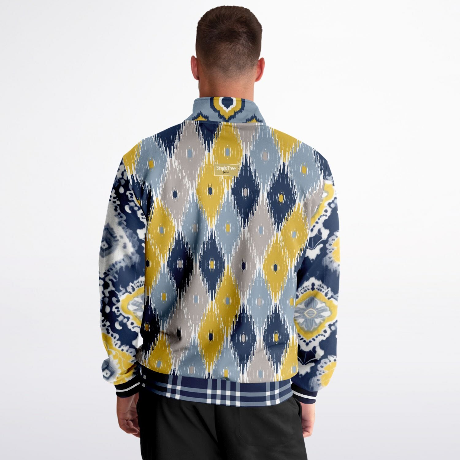 Chaqueta deportiva unisex de poliéster ecológico batik indio azul marino real y amarillo 