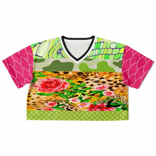 Jersey corto de poliéster ecológico con patchwork y estampado animal color cereza rosa 