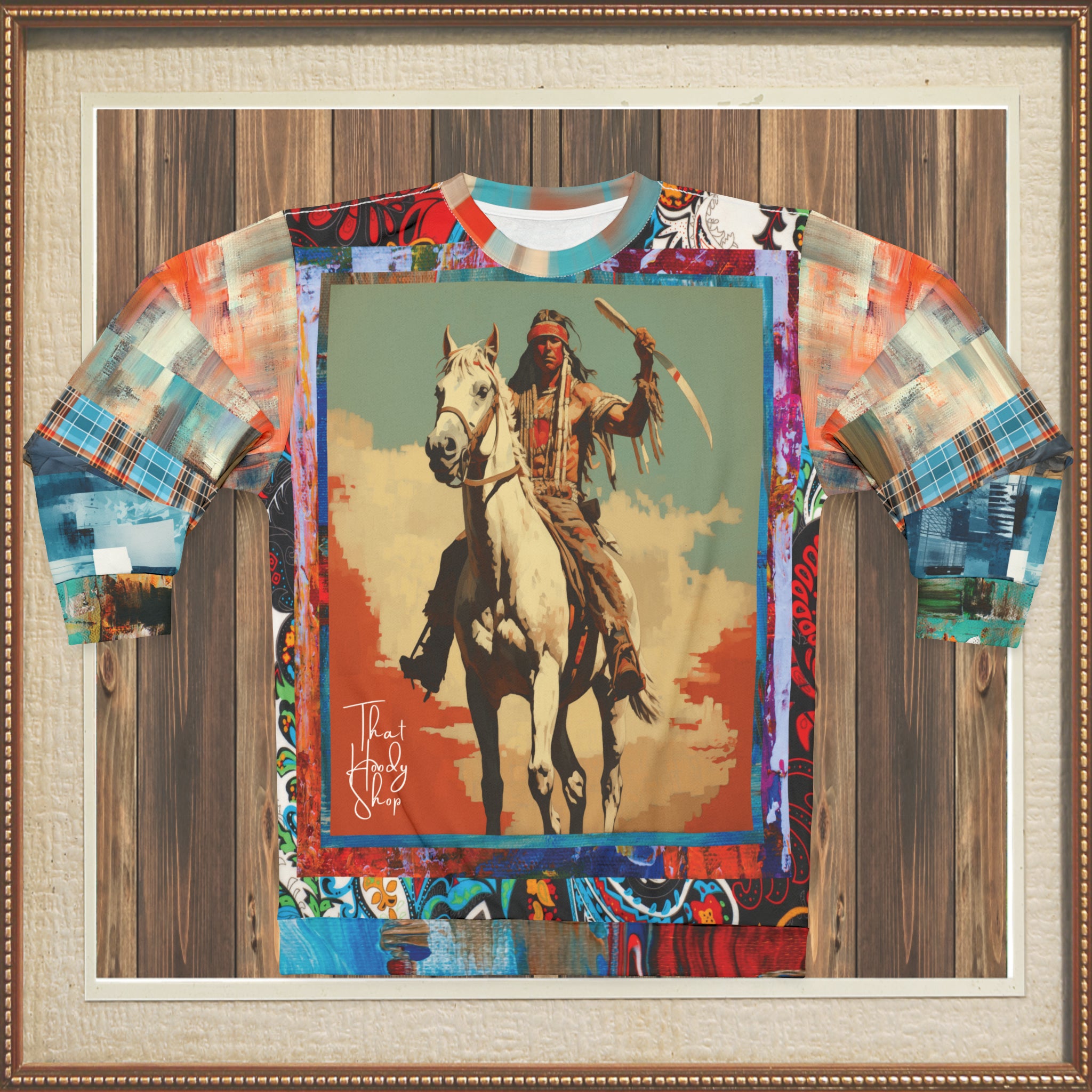 Commanche Warrior of the Great Plains Patchwork Print Unisex Sweatshirt (Gold Label)