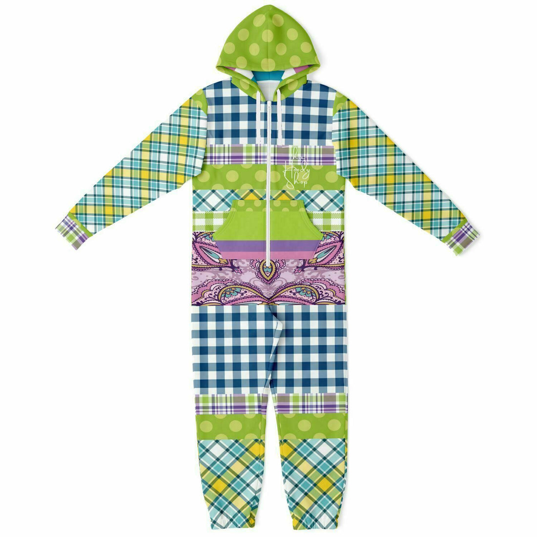 Kaleido-Scape Purple Plaid Patchwork Unisex Fleece Romper