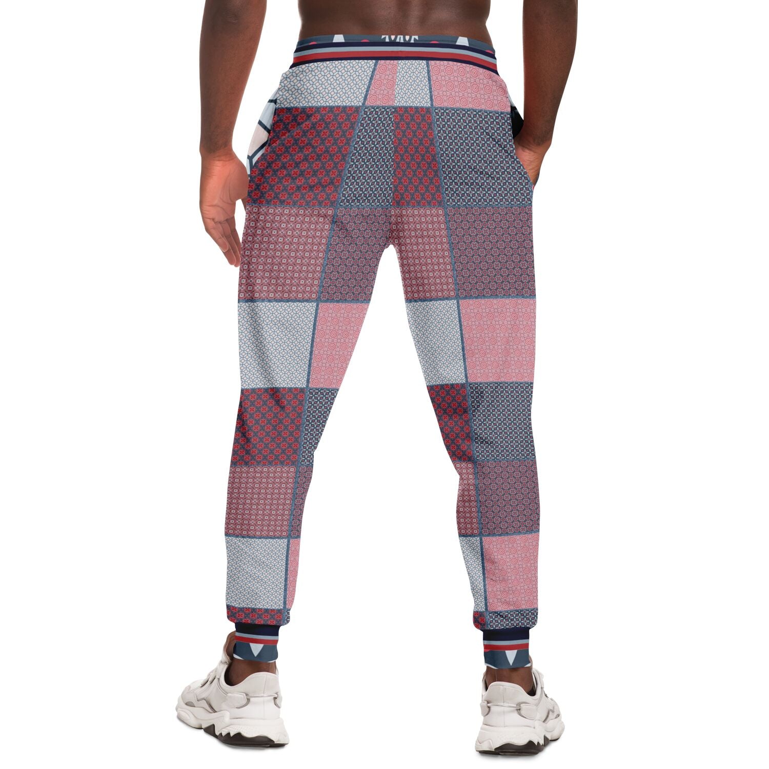 Joggers unisex de poliéster ecológico con patchwork de mezclilla Geo Montauk en rosa 