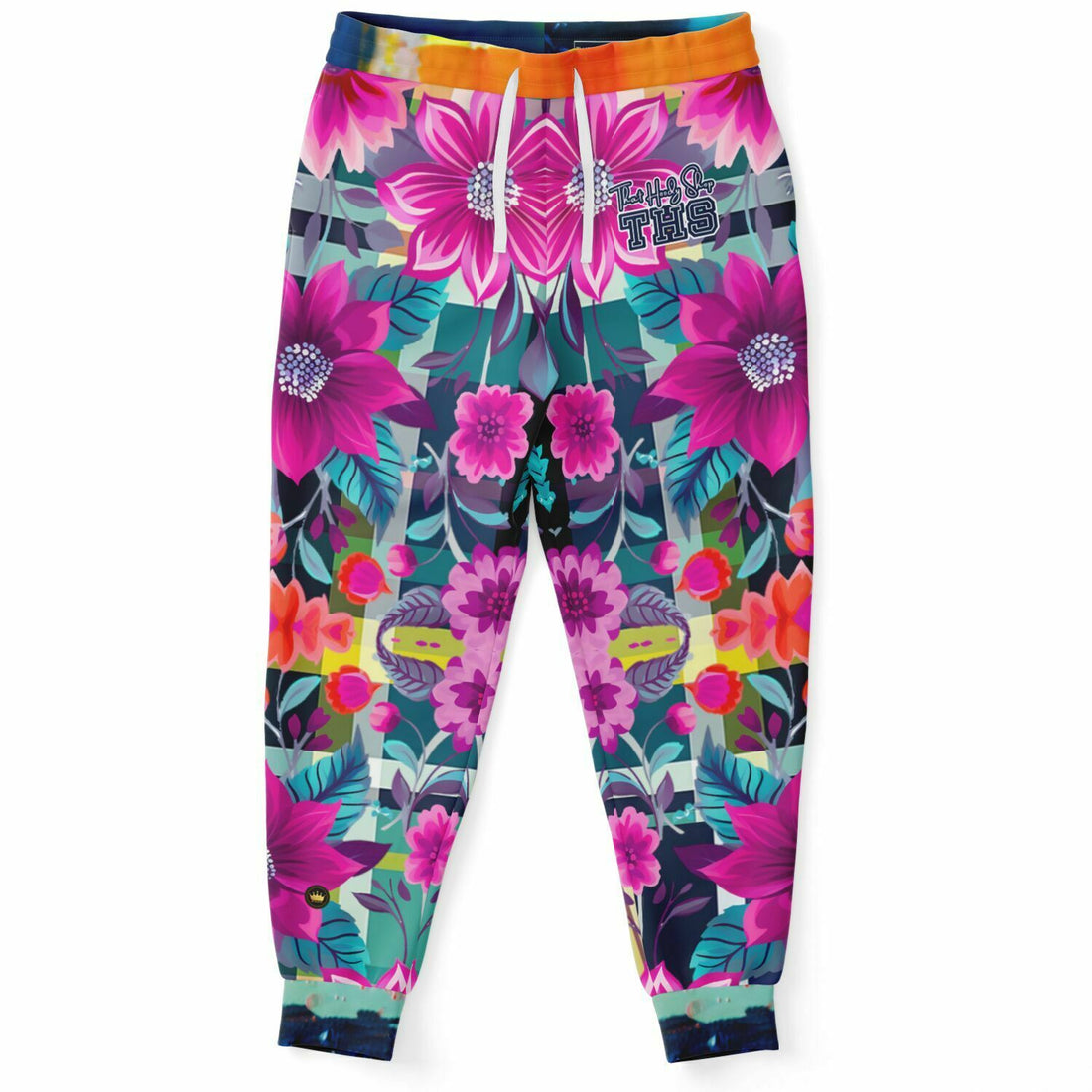 Look of Betrayal - Joggers unisex de poliéster ecológico con estampado floral y cuadros rosas