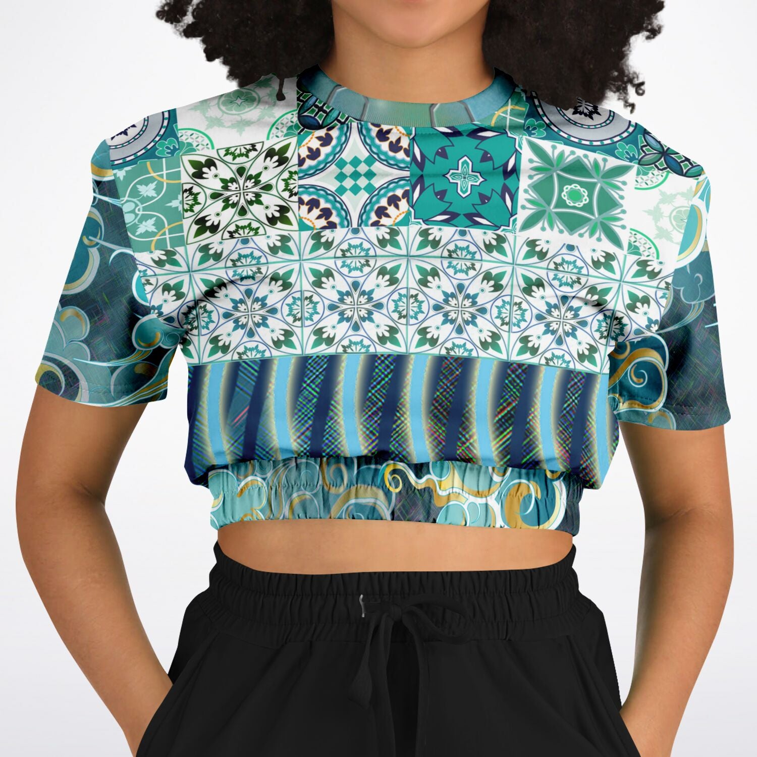 Green Meknes Mosaic Tile Eco-Poly Short Sleeve Cropped Sweater