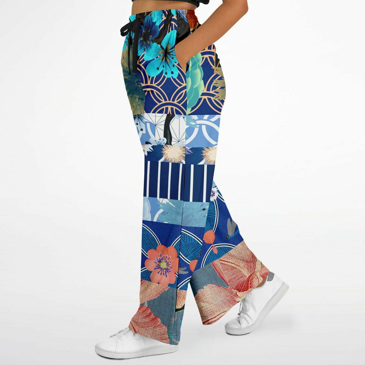 Blue Andalusian Patchwork Eco-Poly Wide Leg Pants