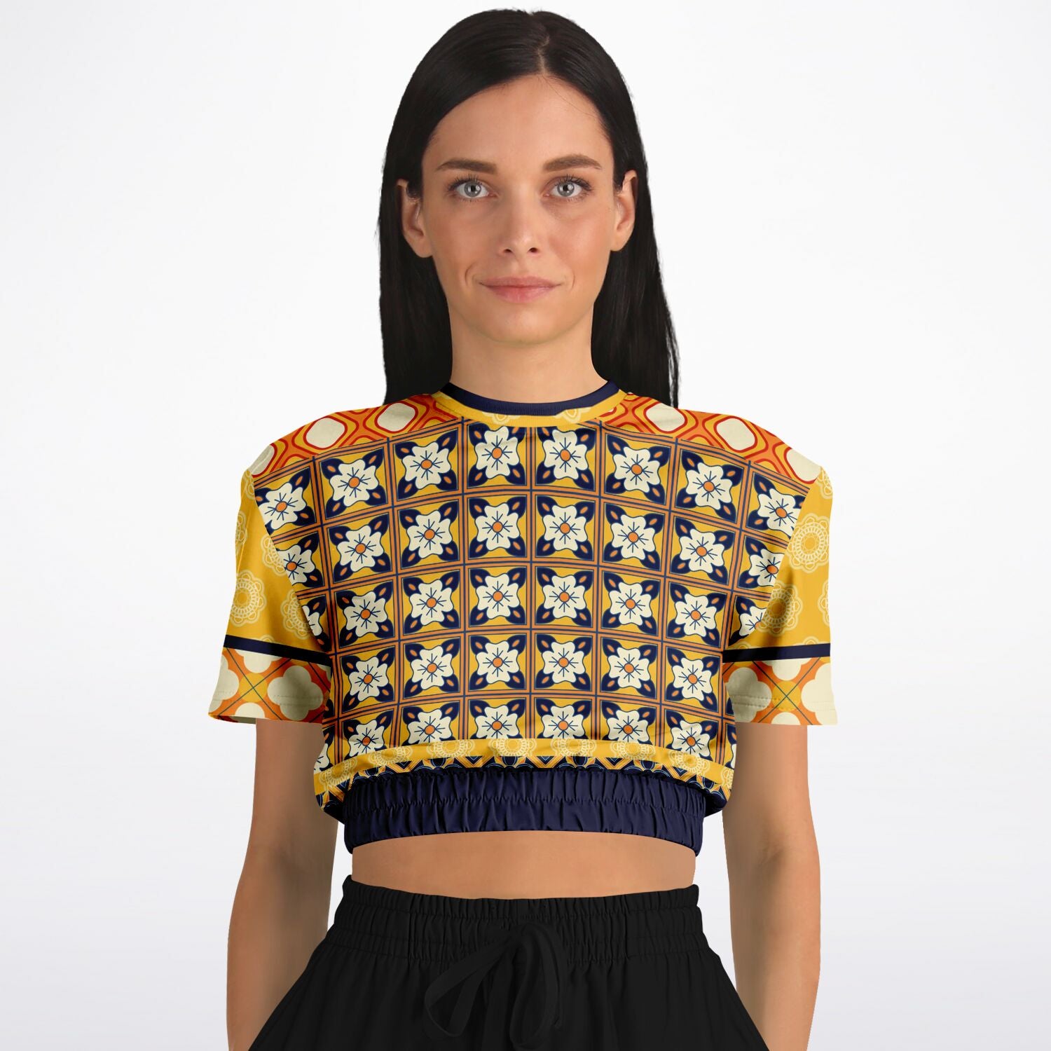 Gypsy Harvest Patchwork Eco-Poly Short Sleeve Cropped Sweater