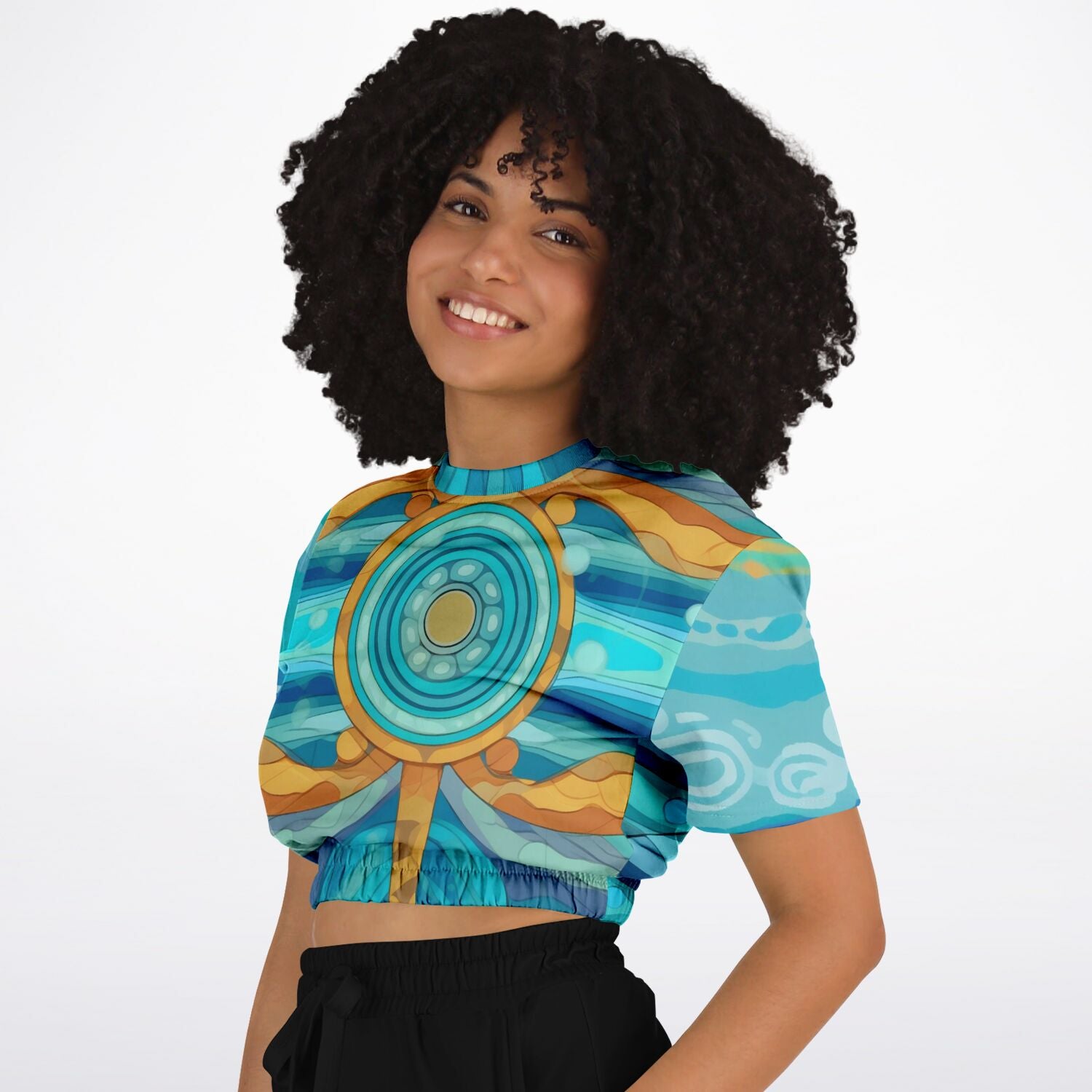 Bahamian Blue Waves Compass Eco-Poly Short Sleeve Cropped Sweater