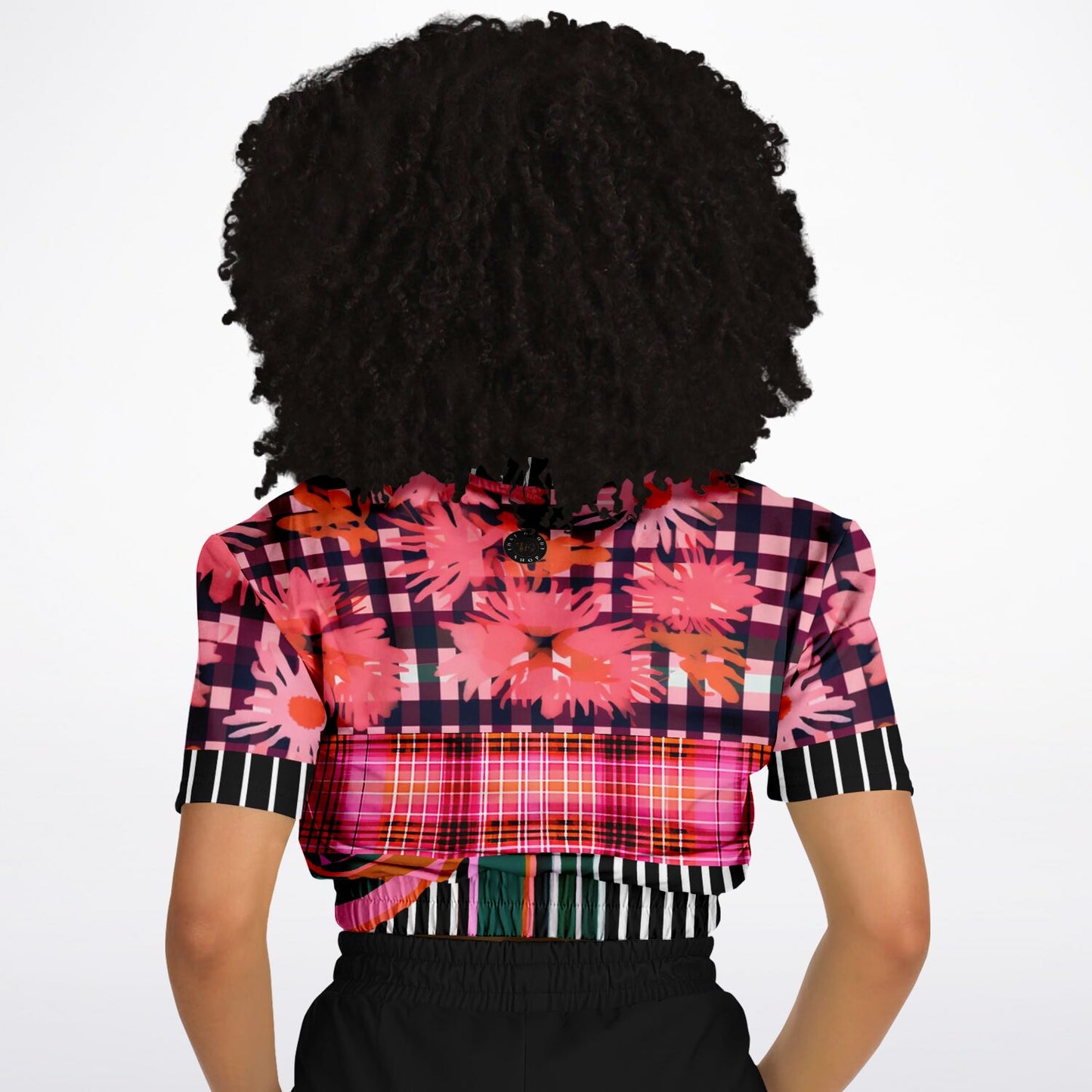 Pink Chrysanthemum Plaid Floral Eco-Poly Short Sleeve Cropped Sweater