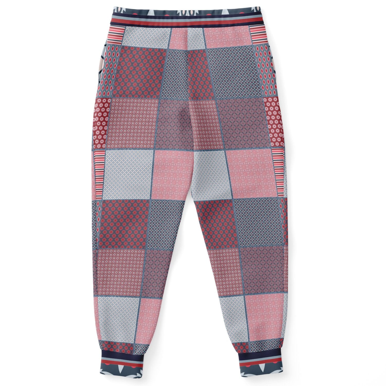 Joggers unisex de poliéster ecológico con patchwork de mezclilla Geo Montauk en rosa 