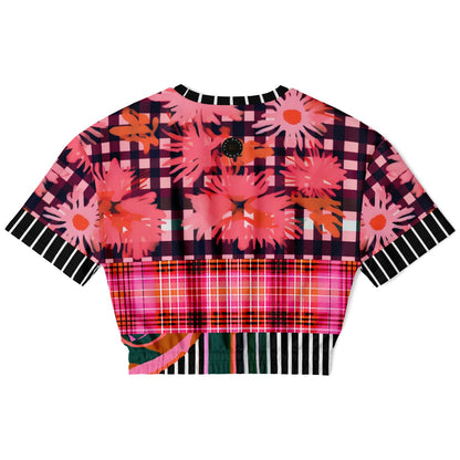 Pink Chrysanthemum Plaid Floral Eco-Poly Short Sleeve Cropped Sweater