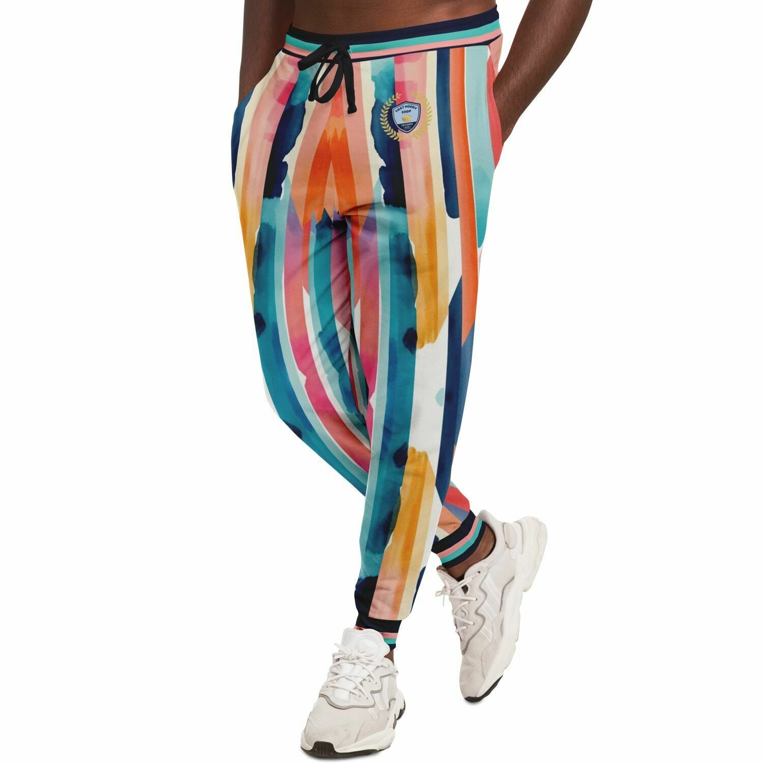 Joggers unisex de poliéster ecológico con rayas abstractas y lluvia en bloques de color rosa 