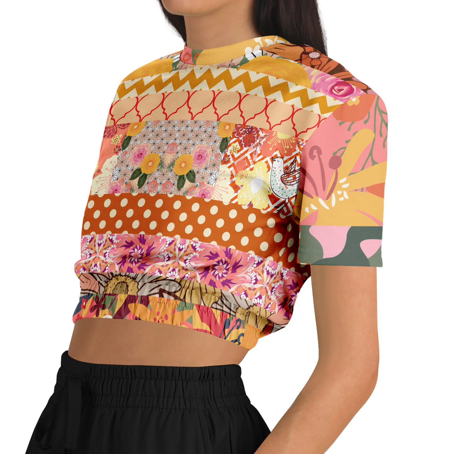 Suéter corto de poliéster ecológico de manga corta con patchwork floral a rayas de Yogananda 