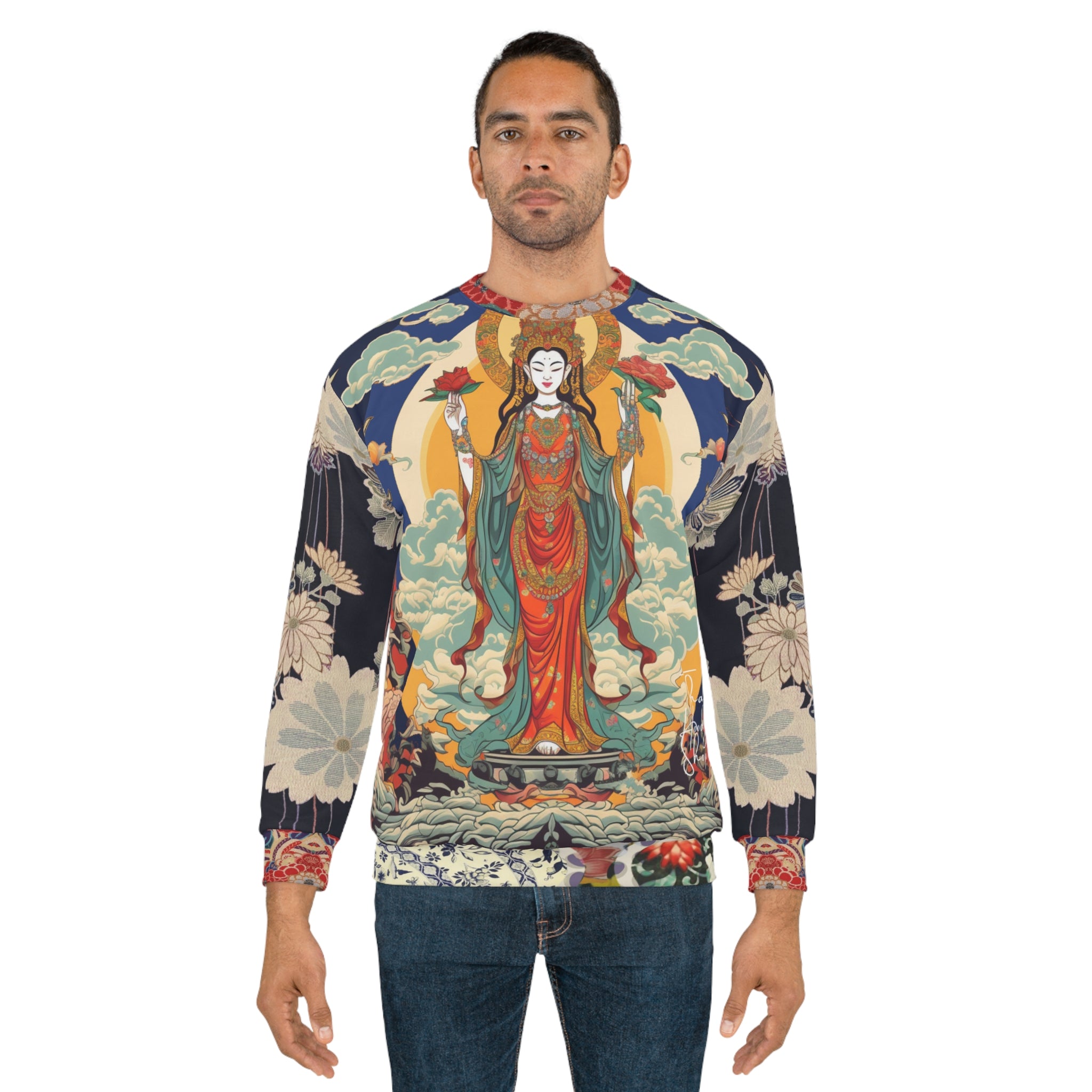 Diosa de la compasión Guan Yin en sudadera unisex azul