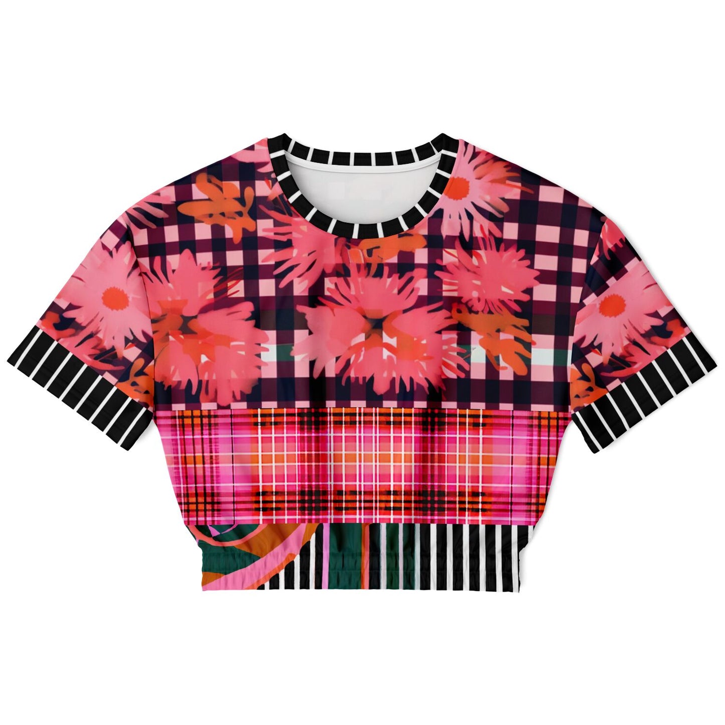 Pink Chrysanthemum Plaid Floral Eco-Poly Short Sleeve Cropped Sweater