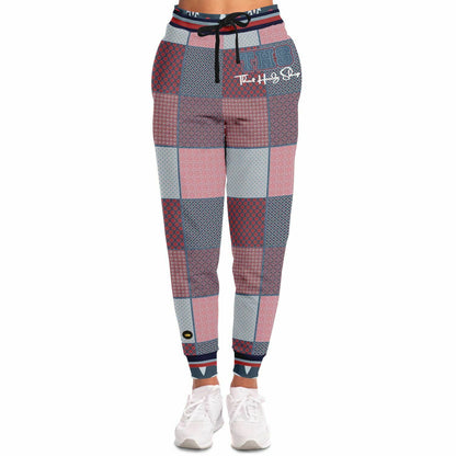 Joggers unisex de poliéster ecológico con patchwork de mezclilla Geo Montauk en rosa 