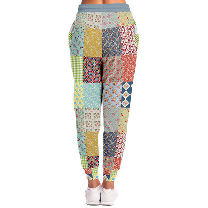 Joggers unisex de eco-poliéster con patchwork floral azul 