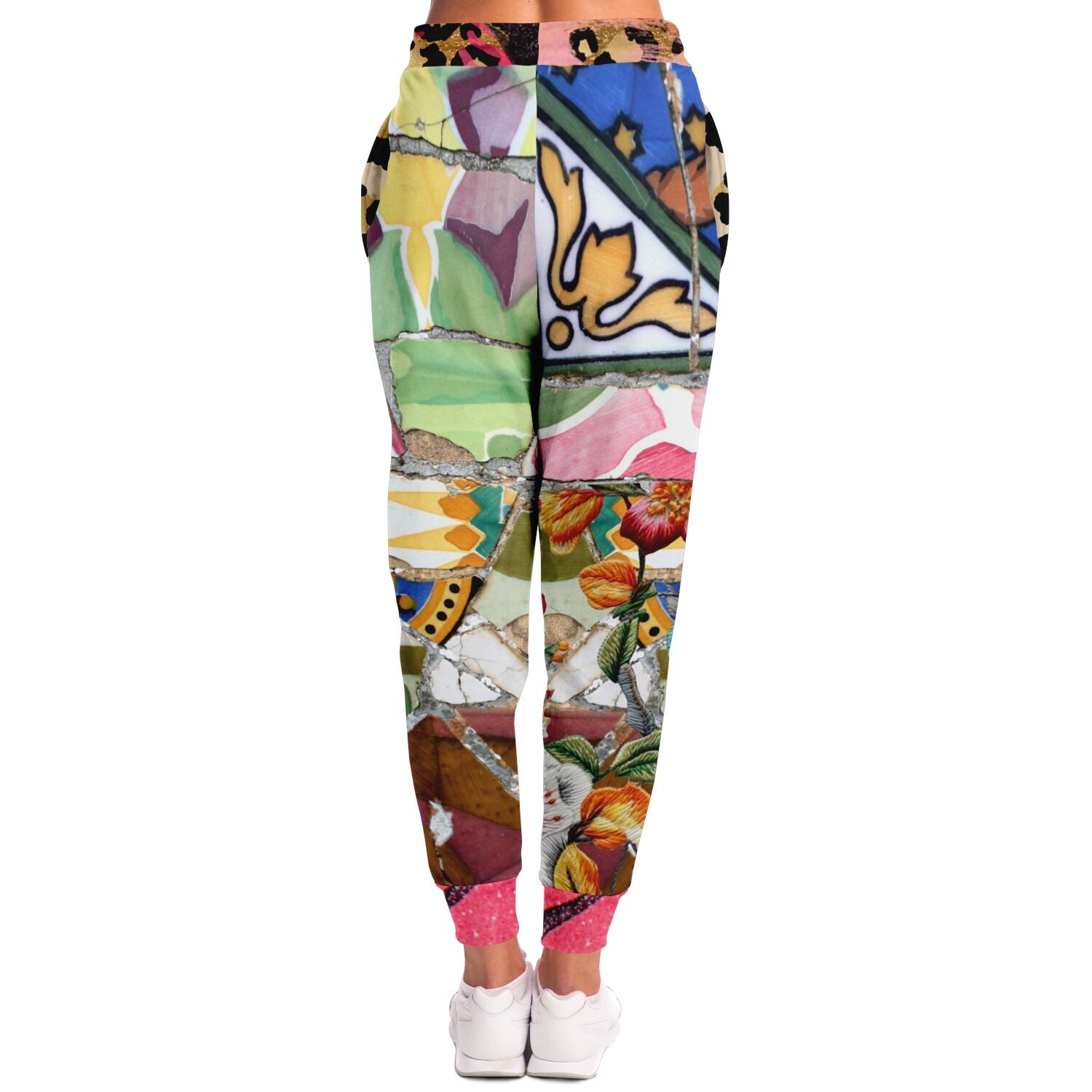 Joggers unisex de poliéster ecológico con mosaico floral de sabana africana rosa 