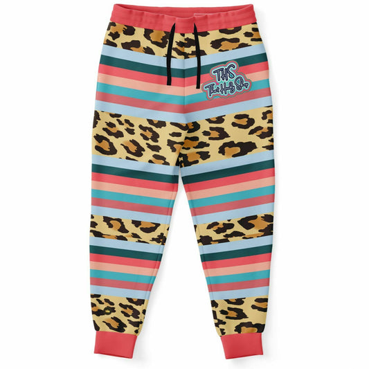 Joggers unisex de poliéster ecológico con rayas de leopardo y libélula azul 