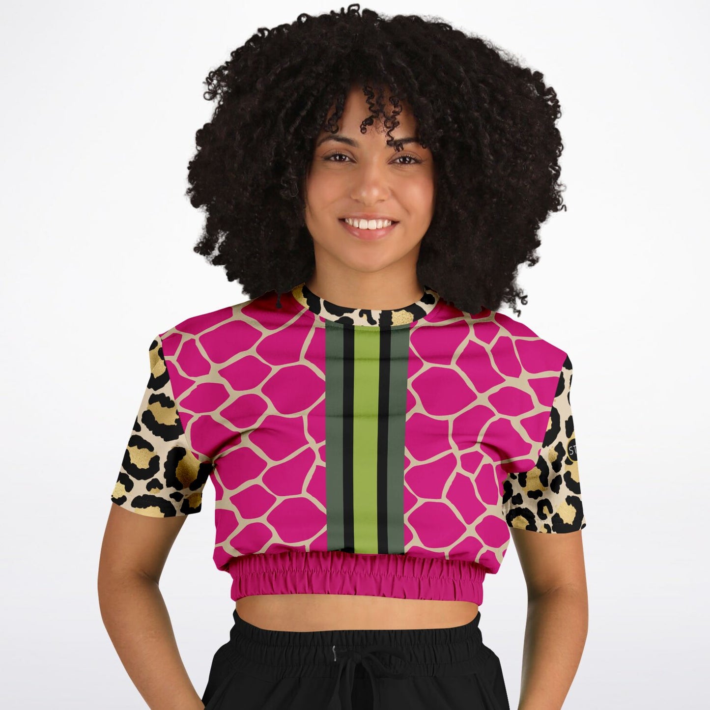Cheetah Time 1863 Neon Stripe Eco-Poly Short Sleeve Cropped Sweater