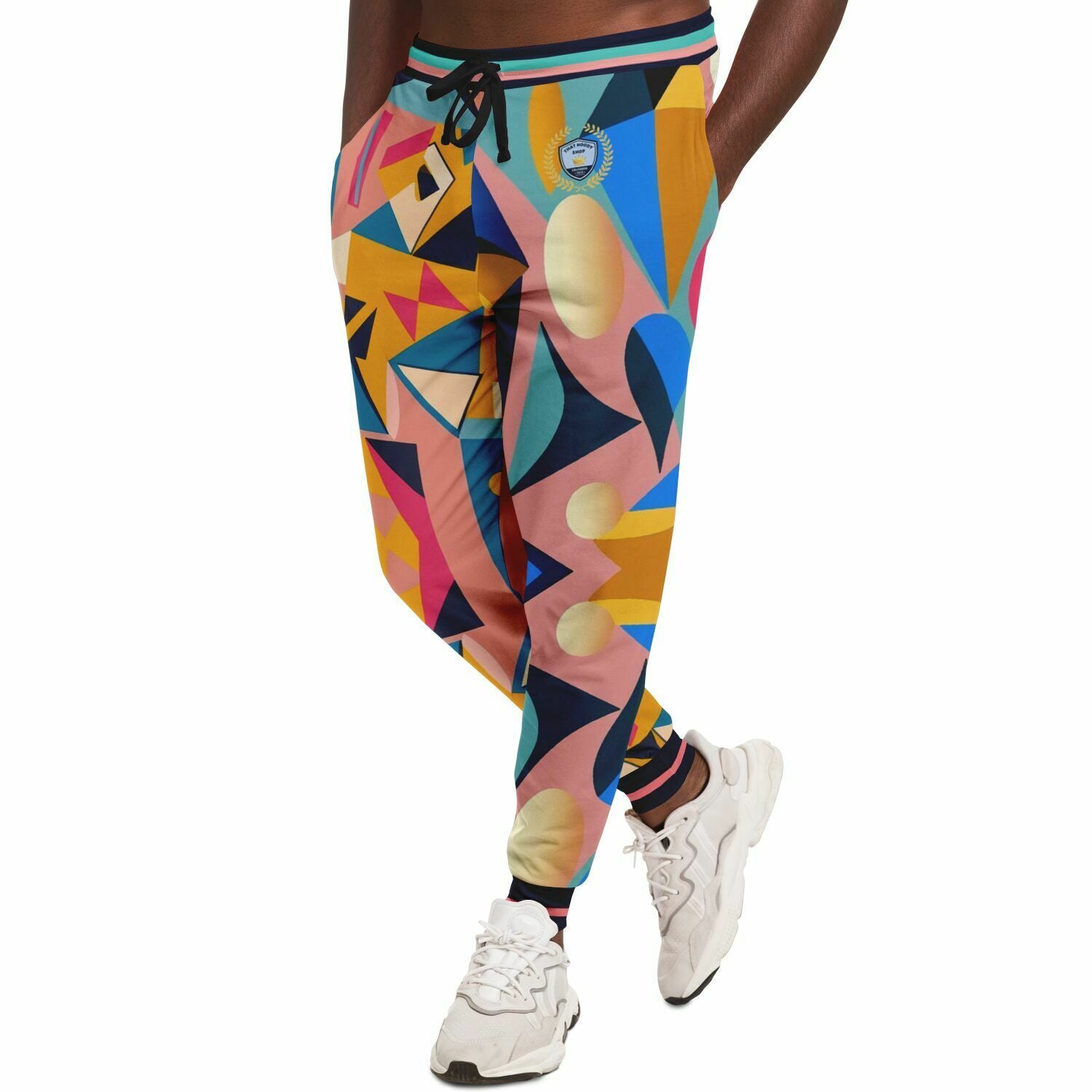 Joggers unisex de poliéster ecológico con estampado geométrico de cubismo rosa 