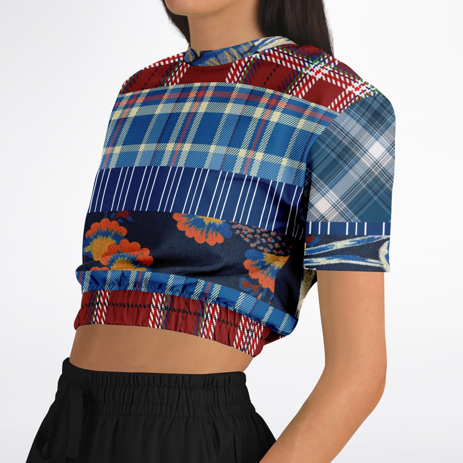 Andromeda Blue Plaid Eco-Poly Short Sleeve Cropped Sweater