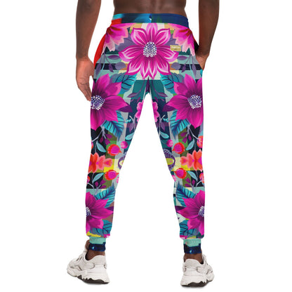 Look of Betrayal - Joggers unisex de poliéster ecológico con estampado floral y cuadros rosas