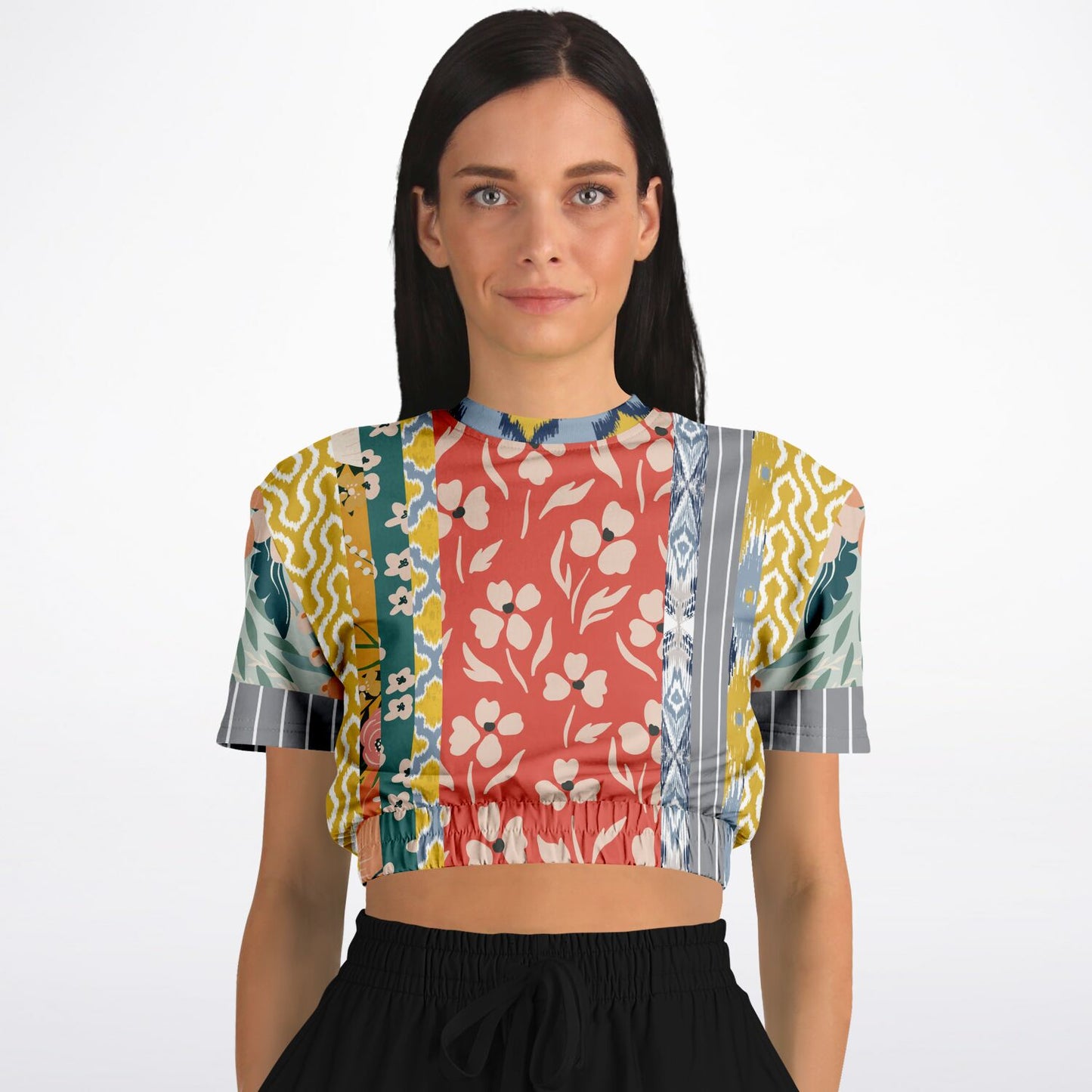 Tallulah Bankhead Yellow Patchwork Short Sleeve Cropped Sweater