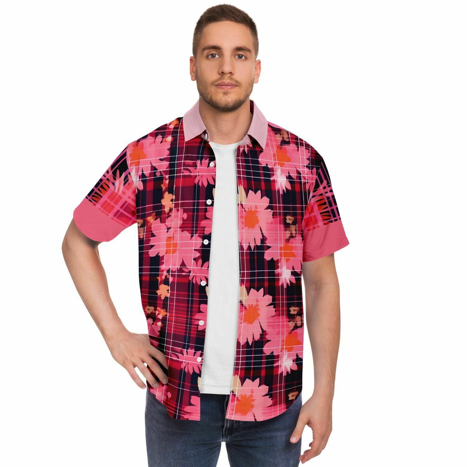 Pink Chrysanthemum Plaid Floral Short Sleeve Button Down Shirt