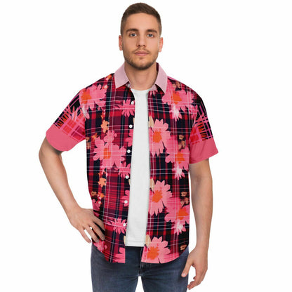 Camisa con botones de manga corta floral a cuadros de crisantemo rosa 