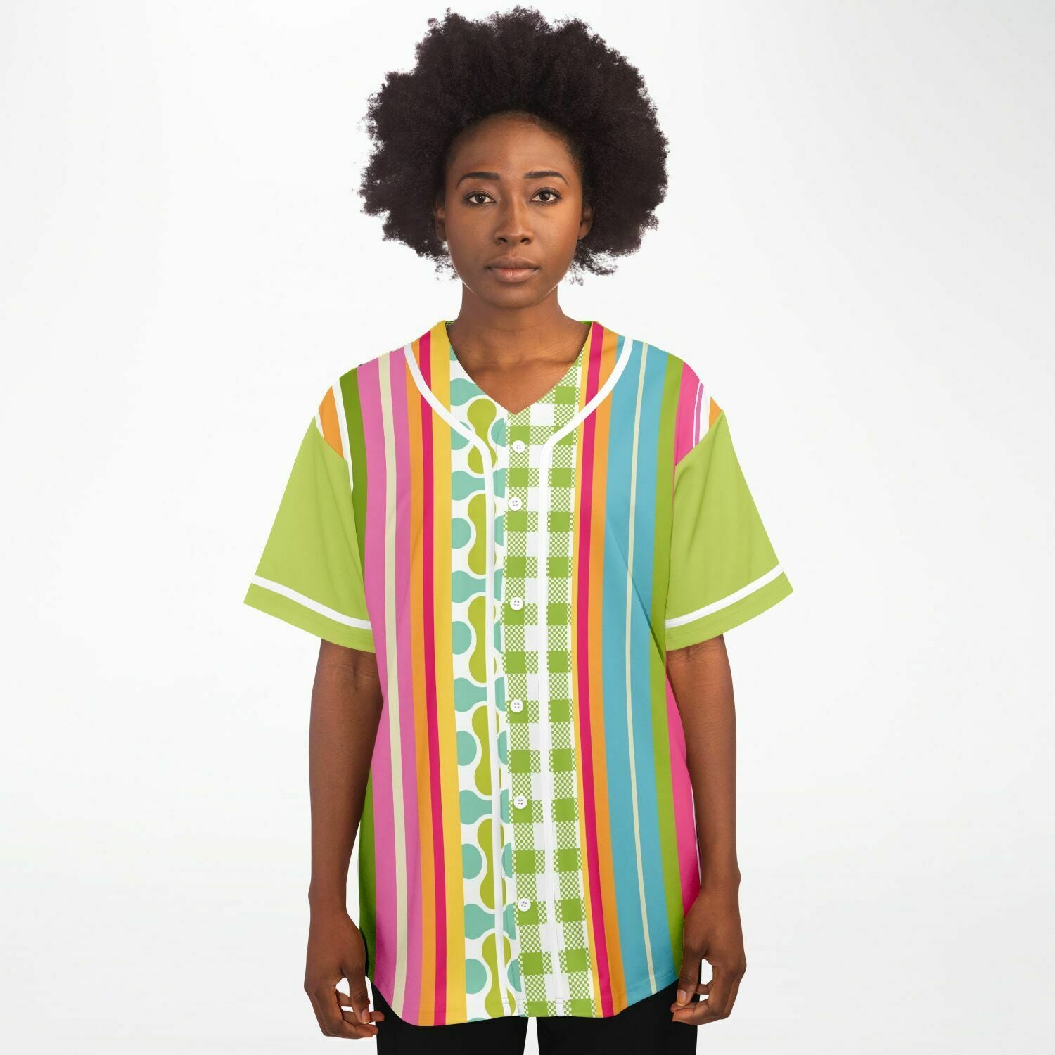 Green Anjou Pear Striped Patchwork Eco-Poly Baseball Jersey