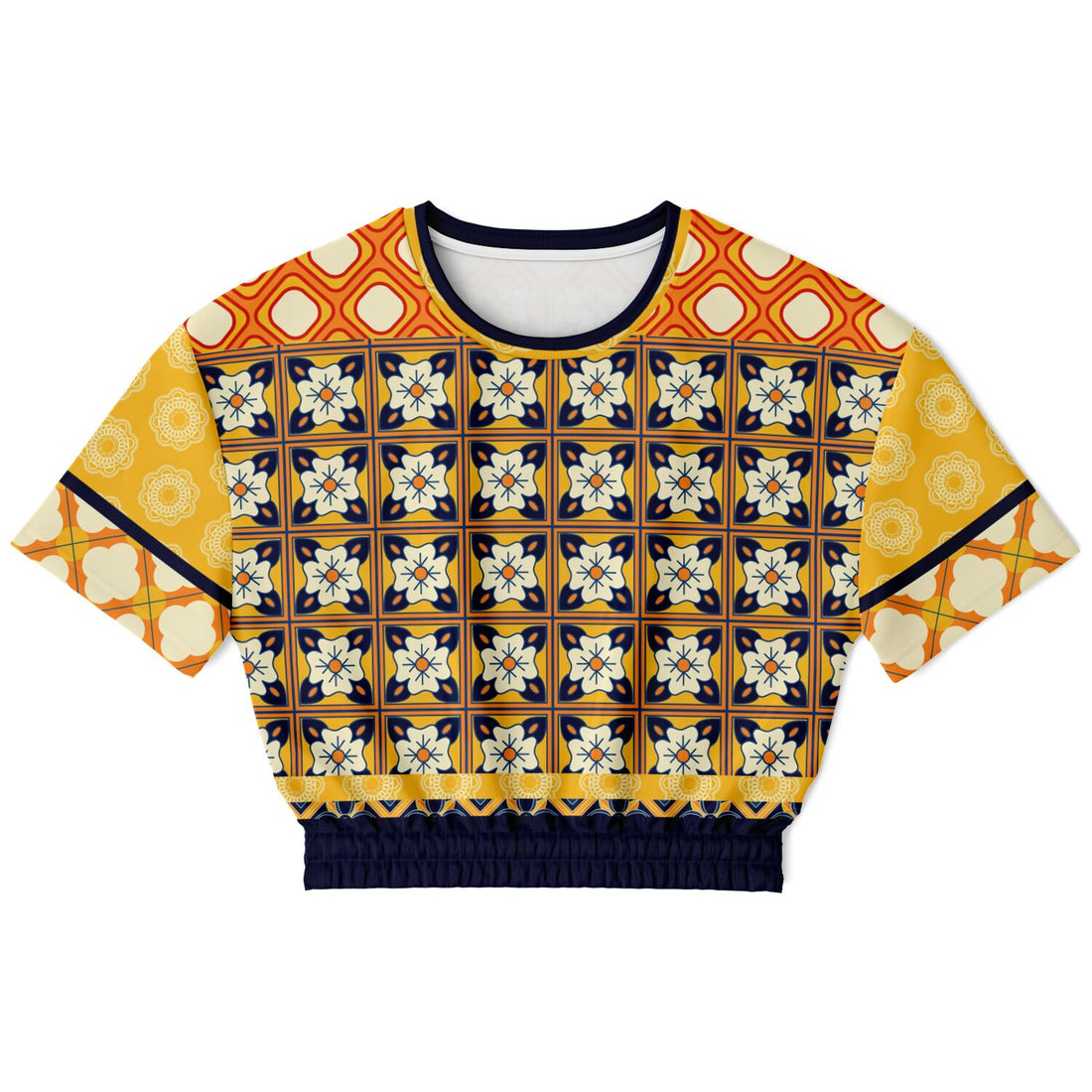 Gypsy Harvest Patchwork Eco-Poly Short Sleeve Cropped Sweater