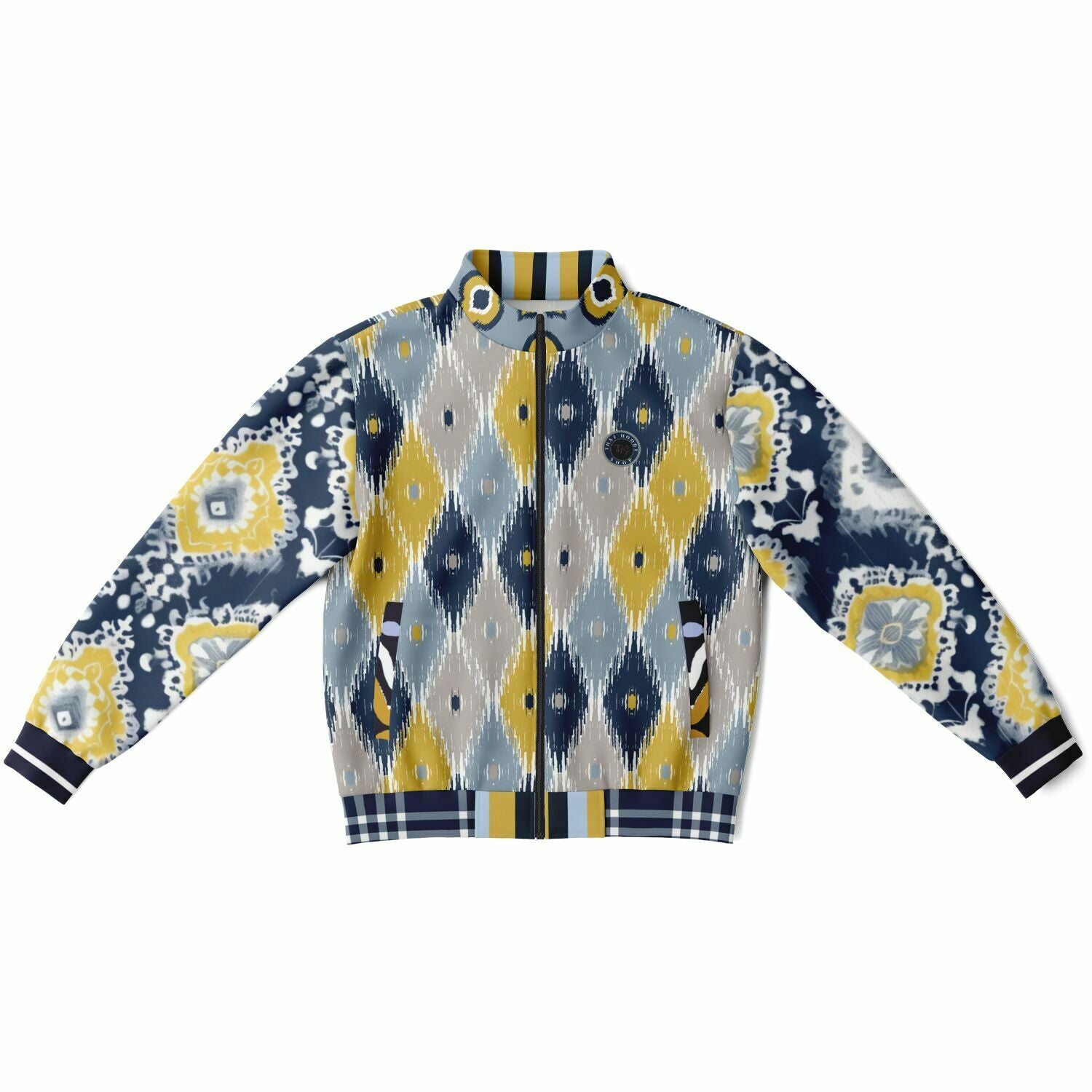 Chaqueta deportiva unisex de poliéster ecológico batik indio azul marino real y amarillo 