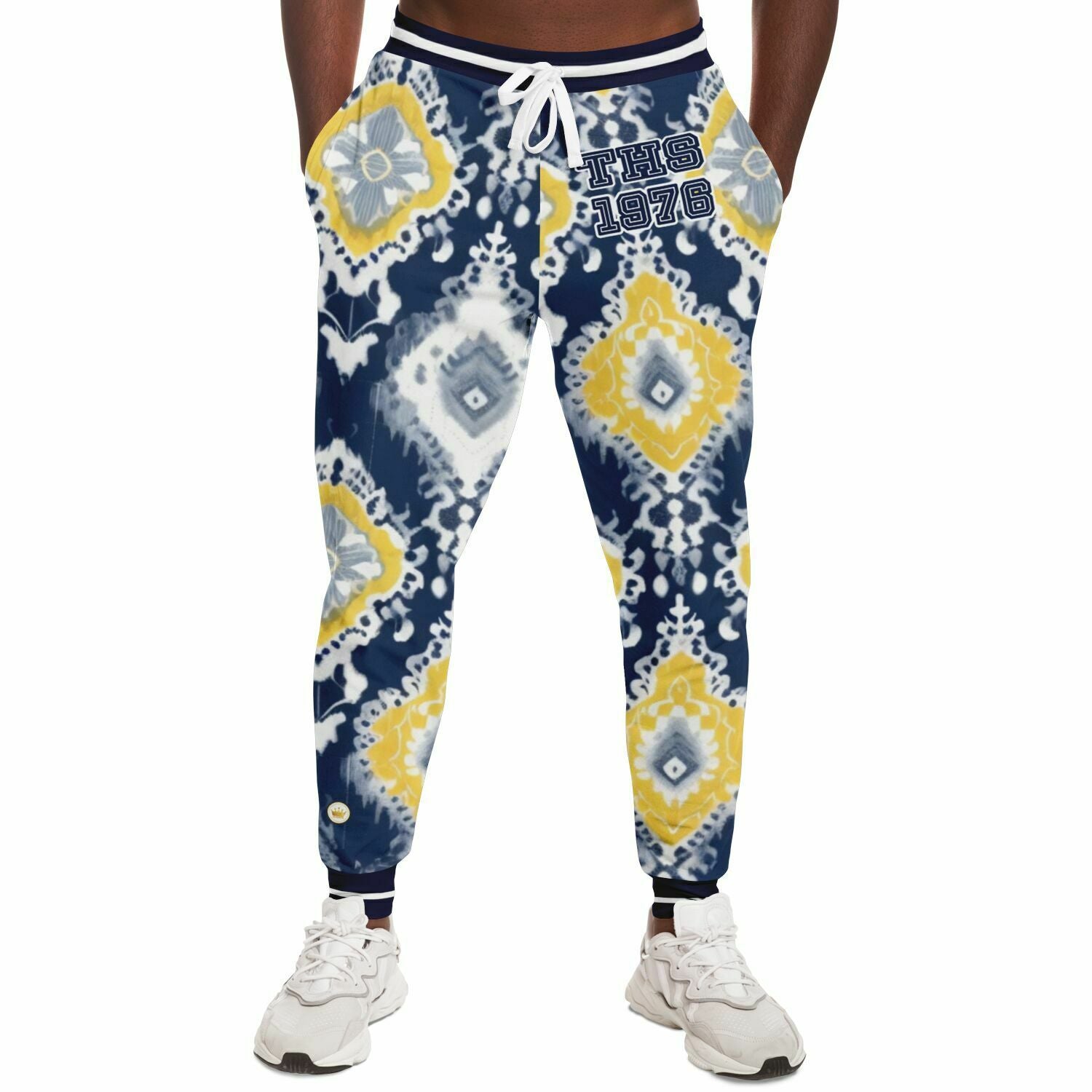 Joggers unisex Eco-Poly Batik indio azul marino real y amarillo 