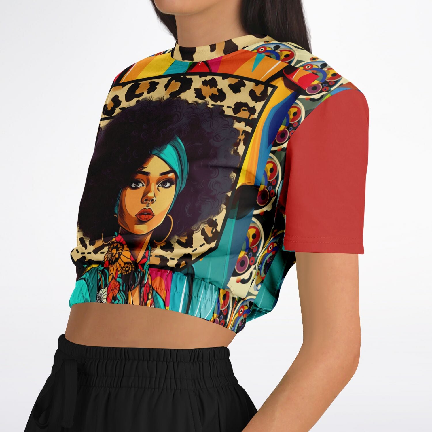 Afro-Queen Solace Cheetah Rainbow Geo Eco-Poly Short Sleeve Cropped Sweater