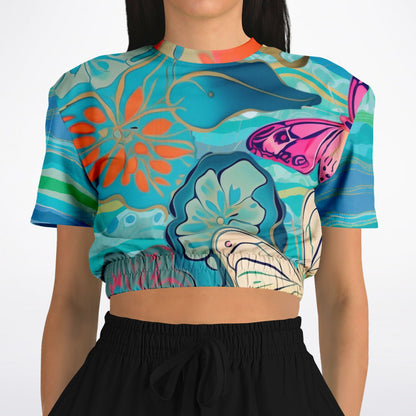 Bahamian Blue Waves Butterfly Eco-Poly Short Sleeve Cropped Sweatshirt