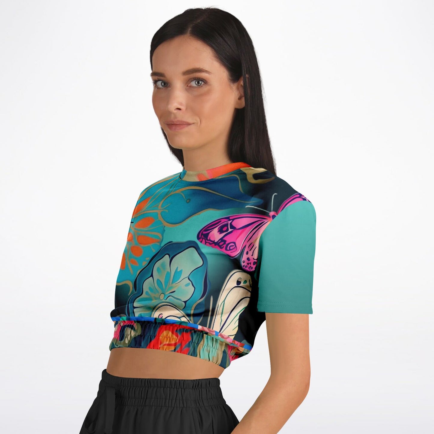 Midnight Butterfly Melody Eco-Poly Short Sleeve Cropped Sweater