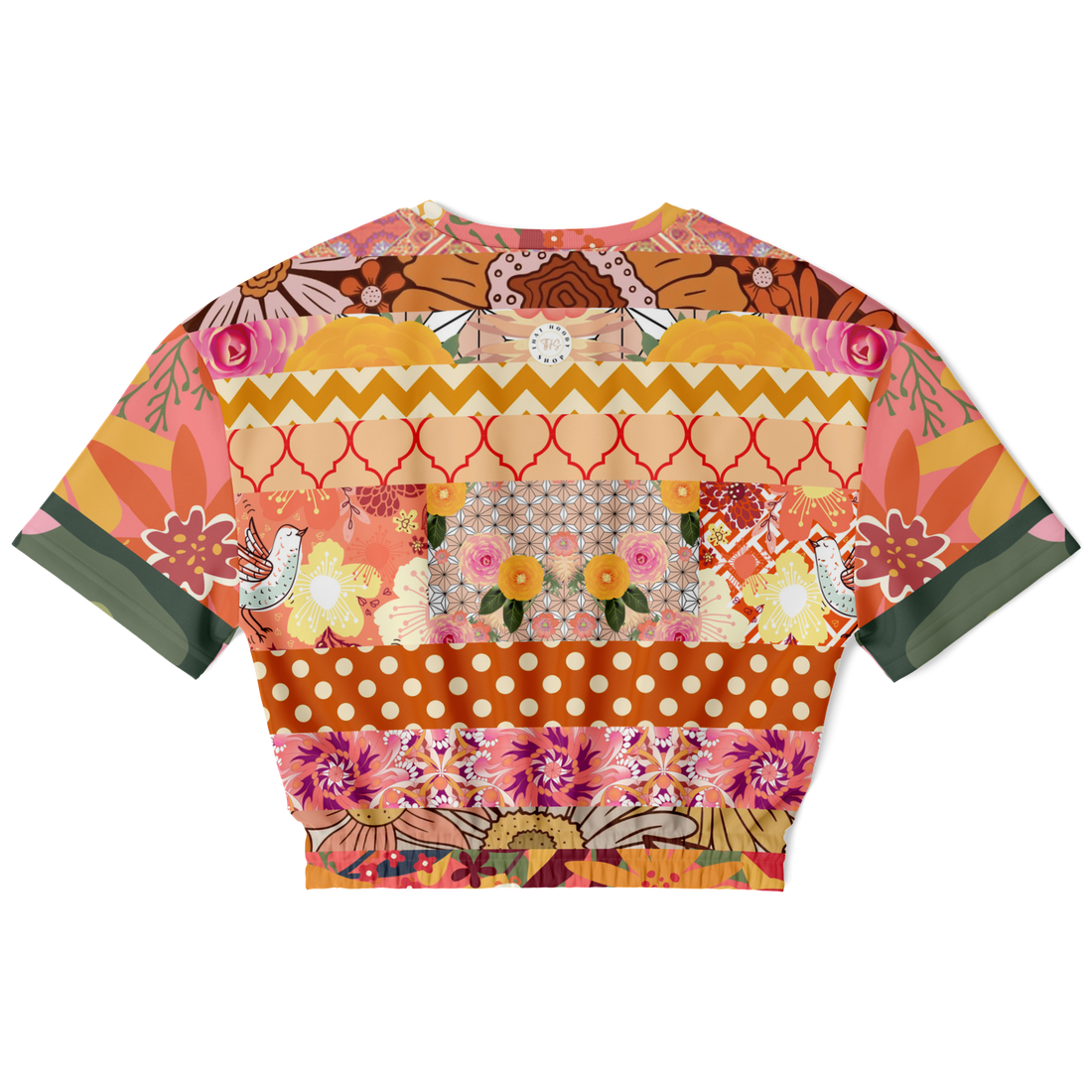 Yogananda Striped Floral Patchwork Short Sleeve Cropped Eco-Poly Sweater