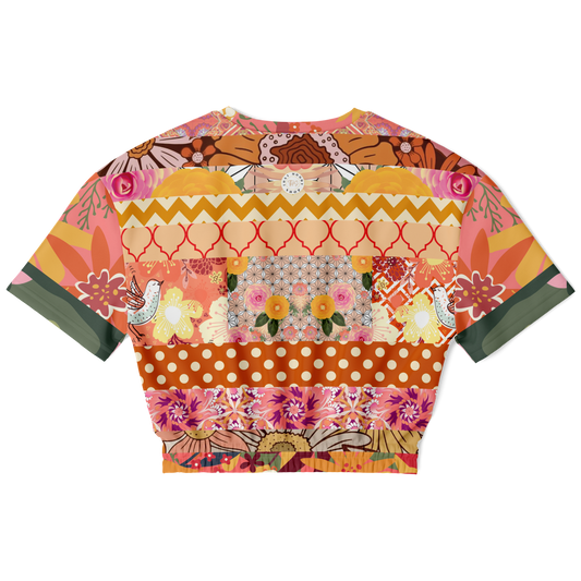 Yogananda Striped Floral Patchwork Short Sleeve Cropped Eco-Poly Sweater