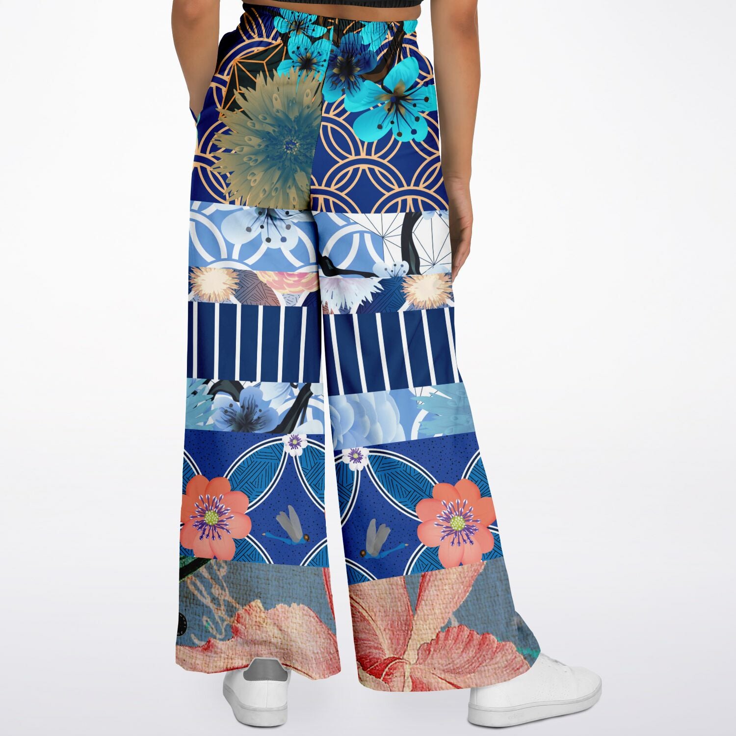 Blue Andalusian Patchwork Eco-Poly Wide Leg Pants